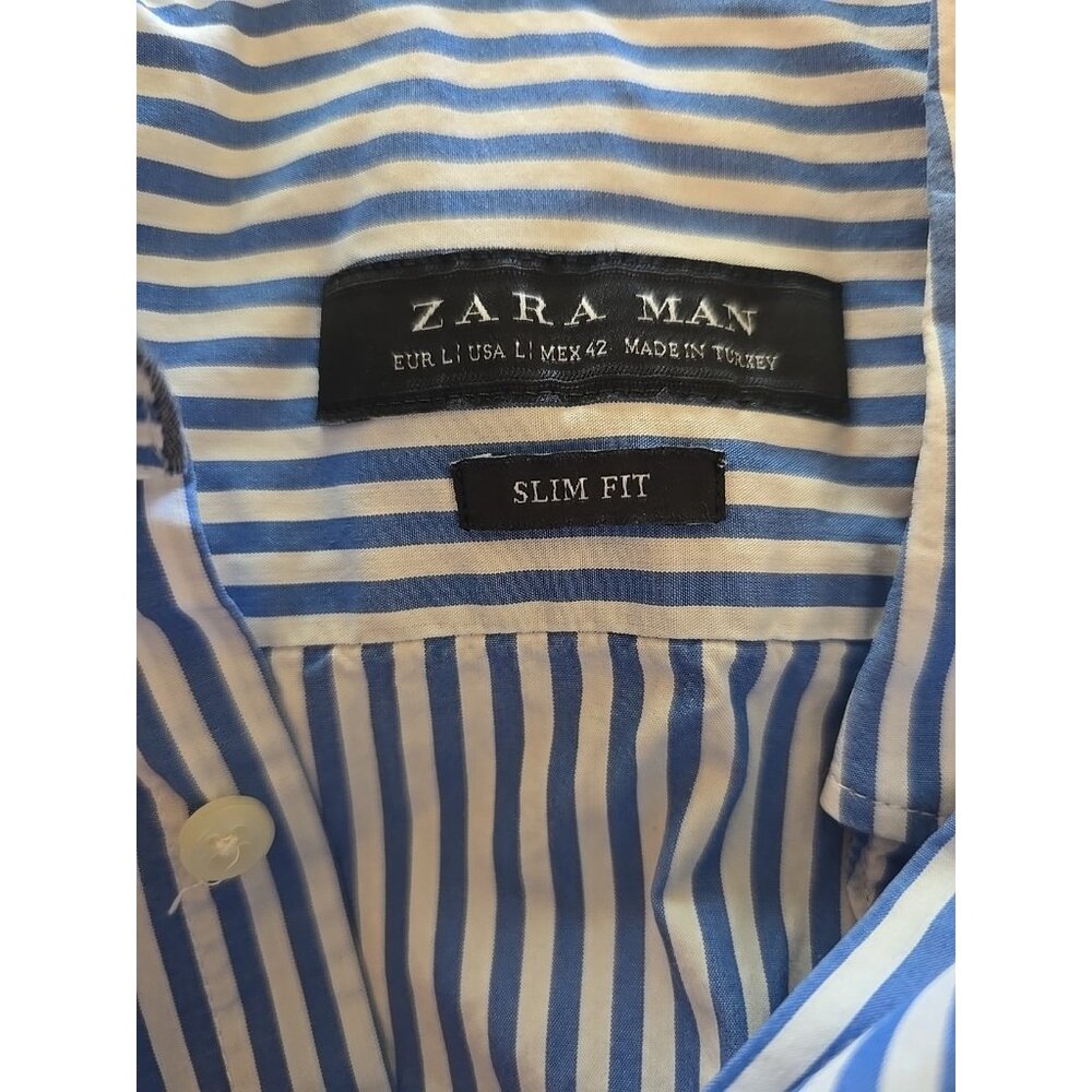 Zara Man Shirt Men Elbow Patches Button Dress Blue Slim Fit Pineapple Logo M L - Picture 8 of 8